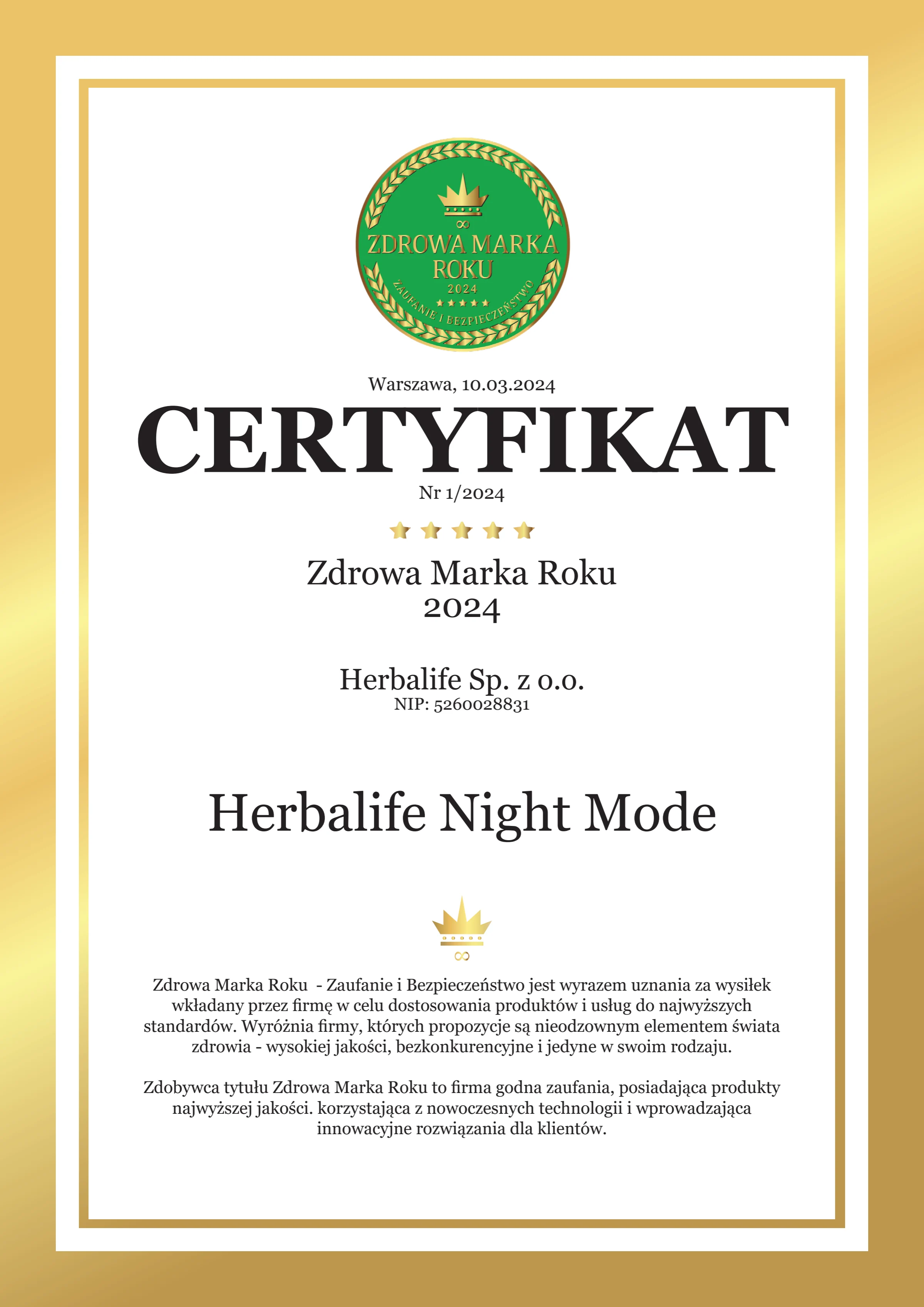 Certyfikat Herbalife Night Mode